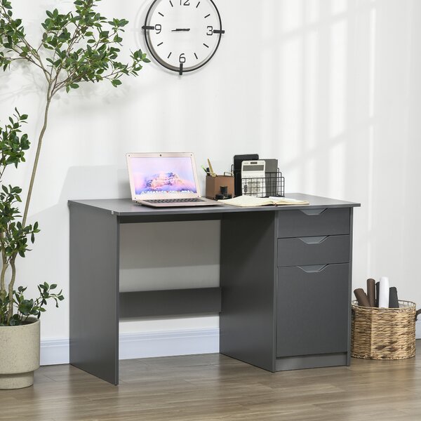 HOMCOM High Gloss Computer Desk with Drawers, Modern Writing Workstation with Storage Cabinet, PC Study Table for Home, Office, Study, Grey Aosom UK