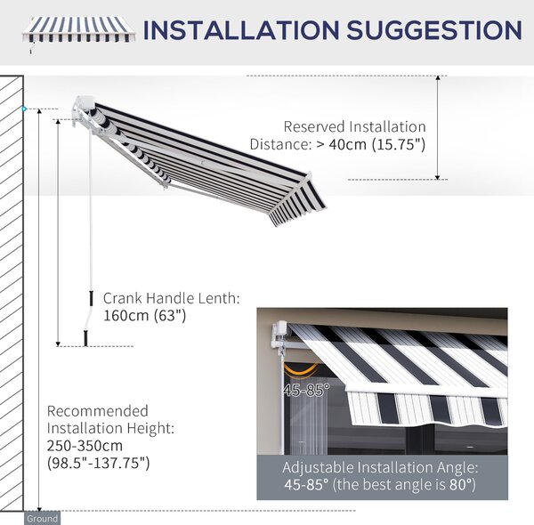 Outsunny 2.5m x 2m Garden Patio Manual Awning Canopy Sun Shade Shelter Retractable with Winding Handle Blue White Aosom UK