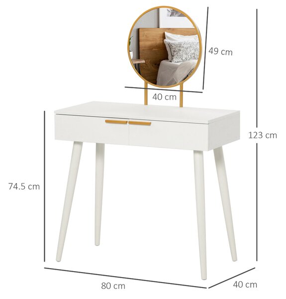 HOMCOM Modern Dressing Table with Round Mirror, Makeup Vanity Table with 2 Drawers for Bedroom, Living Room, White Aosom UK