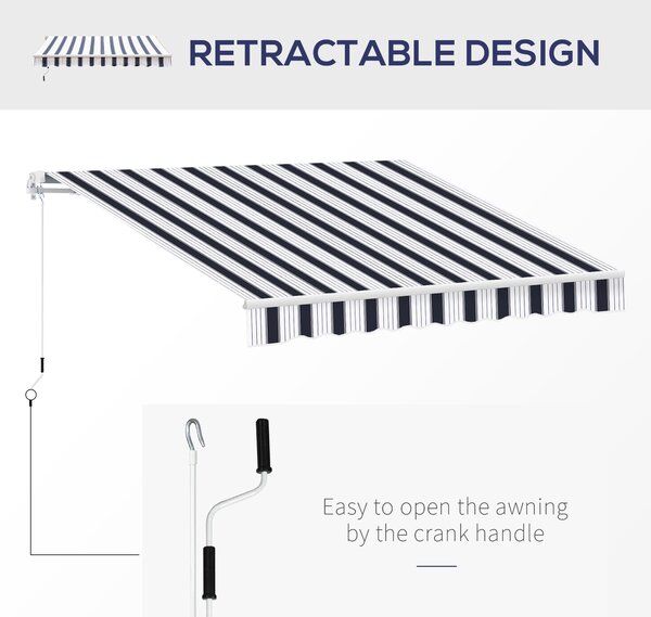 Outsunny 2.5m x 2m Garden Patio Manual Awning Canopy Sun Shade Shelter Retractable with Winding Handle Blue White Aosom UK