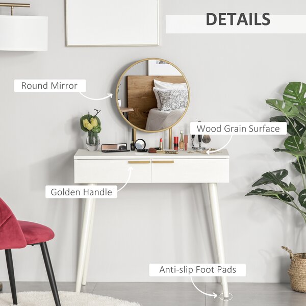 HOMCOM Modern Dressing Table with Round Mirror, Makeup Vanity Table with 2 Drawers for Bedroom, Living Room, White Aosom UK