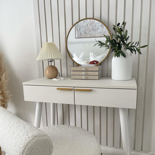 HOMCOM Modern Dressing Table with Round Mirror, Makeup Vanity Table with 2 Drawers for Bedroom, Living Room, White Aosom UK
