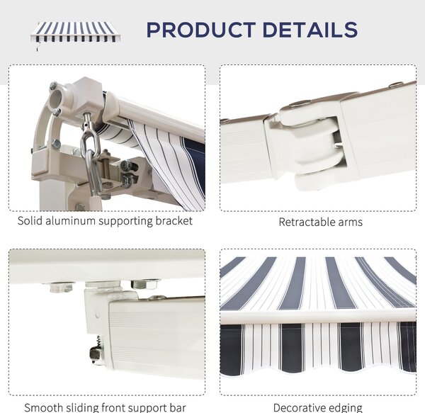 Outsunny 2.5m x 2m Garden Patio Manual Awning Canopy Sun Shade Shelter Retractable with Winding Handle Blue White Aosom UK