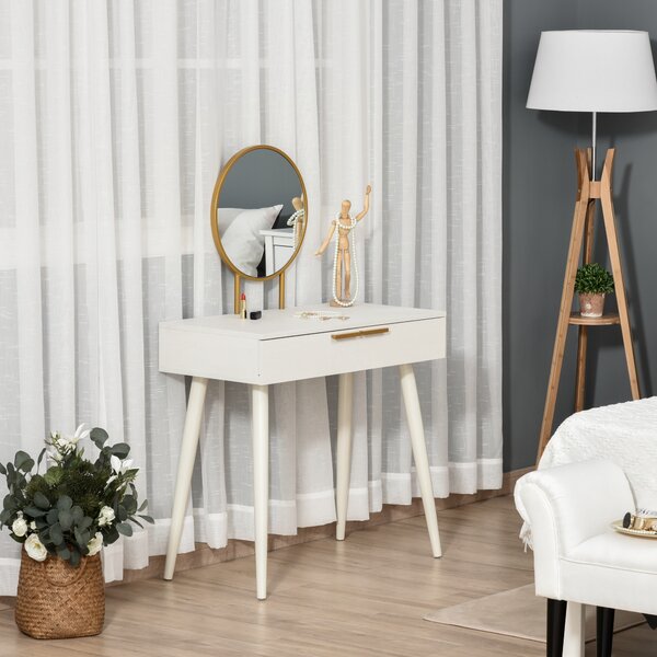 HOMCOM Modern Dressing Table with Round Mirror, Makeup Vanity Table with 2 Drawers for Bedroom, Living Room, White Aosom UK