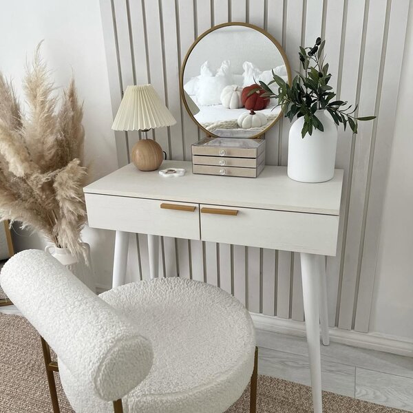 HOMCOM Modern Dressing Table with Round Mirror, Makeup Vanity Table with 2 Drawers for Bedroom, Living Room, White Aosom UK