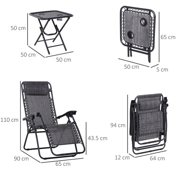 Outsunny Zero Gravity Lounge Set, 2 Reclining Chairs & Table w/ Cup Holders, Light Grey Aosom UK