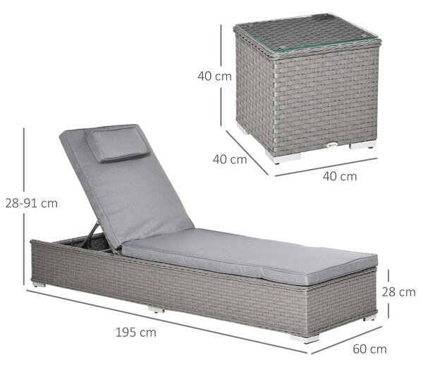 Outsunny 3 Piece Rattan Sun Lounger Set, Garden Furniture with Side Table, 5-Position Adjustable Recline Chair, Grey