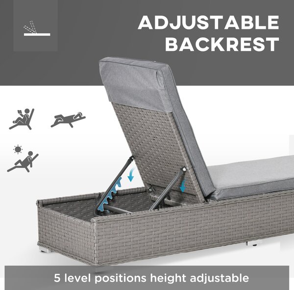Outsunny 3 Piece Rattan Sun Lounger Set, Garden Furniture with Side Table, 5-Position Adjustable Recline Chair, Grey