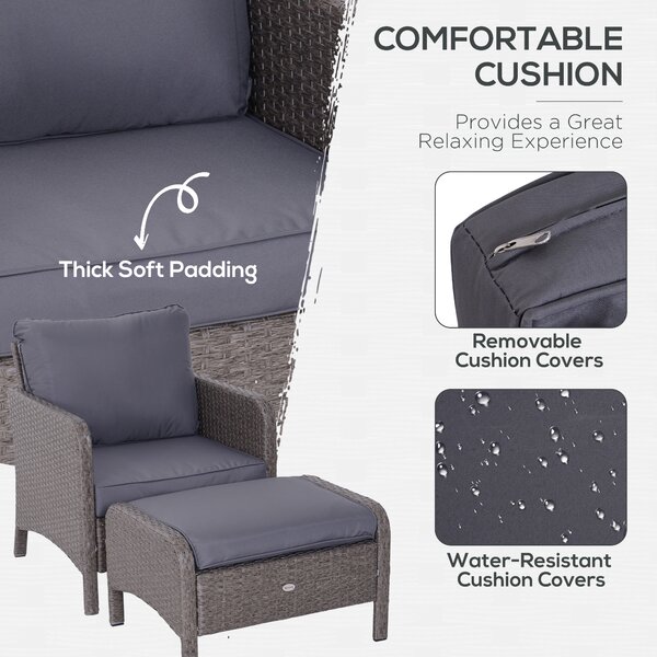 Outsunny Waterproof 2 Seater Rattan Garden Furniture Set Wicker Weave Sofa Chair with Footstool and Coffee Table Thick Cushions Dark Grey Aosom UK