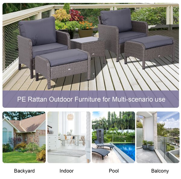 Outsunny Waterproof 2 Seater Rattan Garden Furniture Set Wicker Weave Sofa Chair with Footstool and Coffee Table Thick Cushions Dark Grey Aosom UK