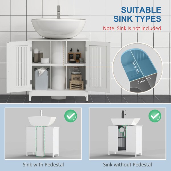 Kleankin Under Sink Cabinet with Double Doors, Modern Bathroom Vanity Unit, Pedestal Design, Adjustable Shelf Storage, White Aosom UK