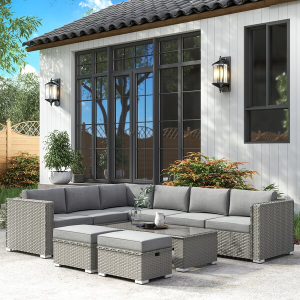 Outsunny 8-Seater PE Rattan Garden Corner Sofa Set Outdoor Wicker Conservatory Furniture Coffee Table Footstool, Grey Aosom UK