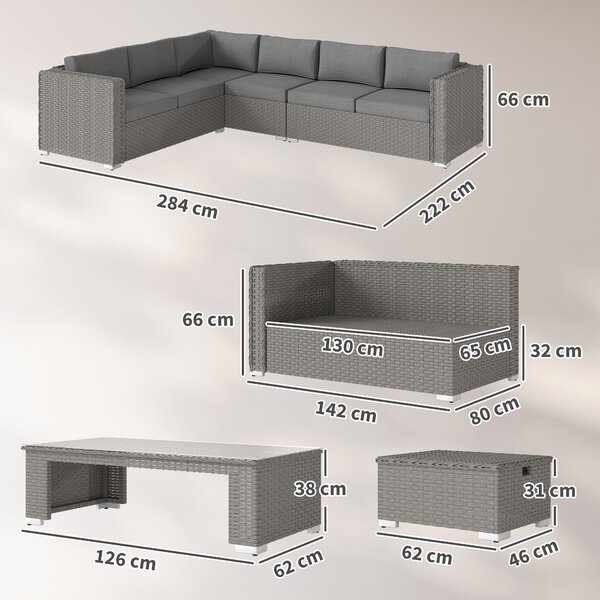 Outsunny 8-Seater PE Rattan Garden Corner Sofa Set Outdoor Wicker Conservatory Furniture Coffee Table Footstool, Grey Aosom UK