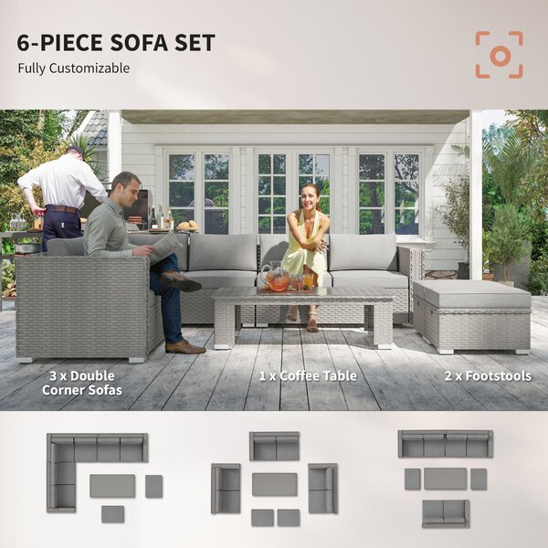 Outsunny 8-Seater PE Rattan Garden Corner Sofa Set Outdoor Wicker Conservatory Furniture Coffee Table Footstool, Grey Aosom UK
