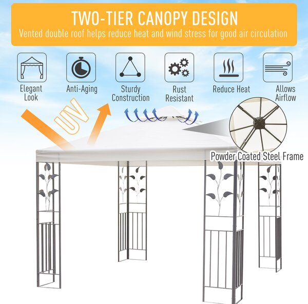 Outsunny 3 x 3m Outdoor Garden Steel Gazebo with 2 Tier Roof, Patio Canopy Marquee Patio Party Tent Canopy Shelter Vented Roof Decorative Frame Cream