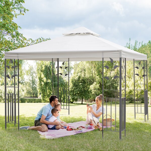 Outsunny 3 x 3m Outdoor Garden Steel Gazebo with 2 Tier Roof, Patio Canopy Marquee Patio Party Tent Canopy Shelter Vented Roof Decorative Frame Cream