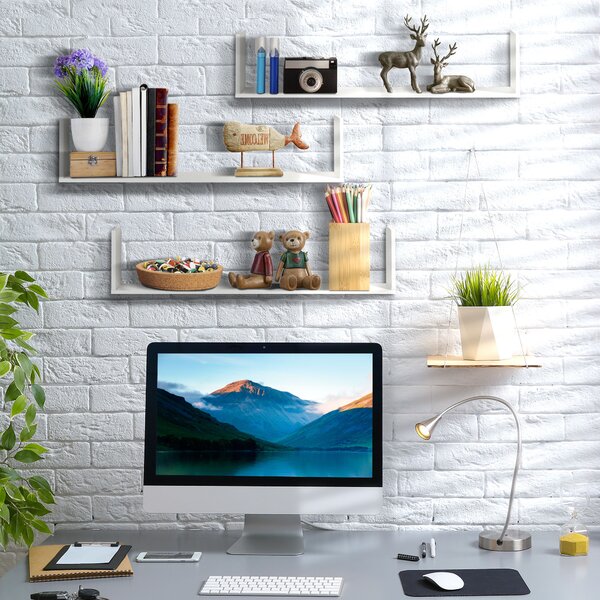 HOMCOM Set of 3 Wooden U-Shaped Floating Shelves Set Wall Mounted Hanging Bookshelf CD DVD Storage Display for Bedroom Living Room, White Aosom UK