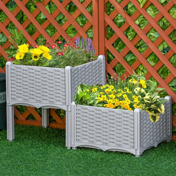 Outsunny 40cm x 40cm x 44cm Set of 2 Garden Raised Bed Elevated Patio Flower Plant Planter Box PP Vegetables Planting Container, Grey Aosom UK