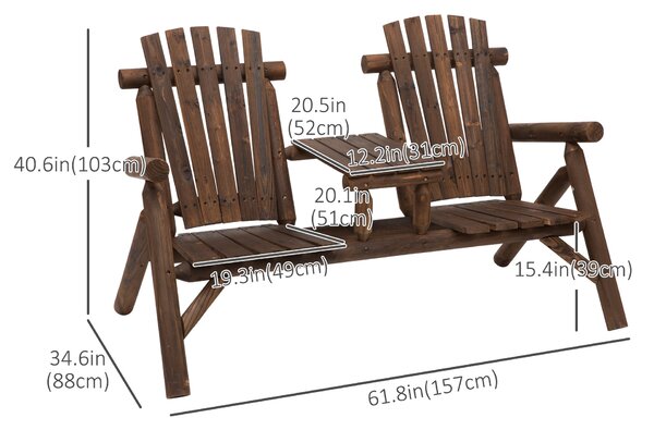 Outsunny Wood Patio Chair Bench 2 Seats with Center Coffee Table, Garden Loveseat Bench Backyard, Perfect for Lounging Relaxing Outdoors, Carbonized