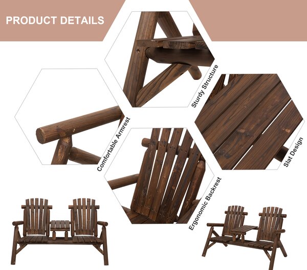 Outsunny Wood Patio Chair Bench 2 Seats with Center Coffee Table, Garden Loveseat Bench Backyard, Perfect for Lounging Relaxing Outdoors, Carbonized