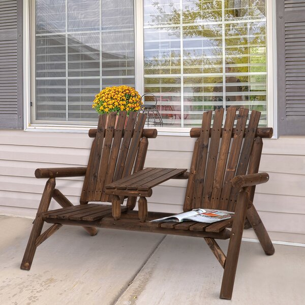 Outsunny Wood Patio Chair Bench 2 Seats with Center Coffee Table, Garden Loveseat Bench Backyard, Perfect for Lounging Relaxing Outdoors, Carbonized