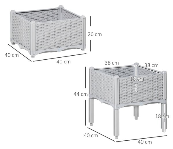Outsunny 40cm x 40cm x 44cm Set of 2 Garden Raised Bed Elevated Patio Flower Plant Planter Box PP Vegetables Planting Container, Grey Aosom UK