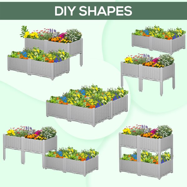 Outsunny Set of 4 Garden Raised Bed Elevated Patio Flower Plant Planter Box PP Vegetables Planting Container, Grey Aosom UK
