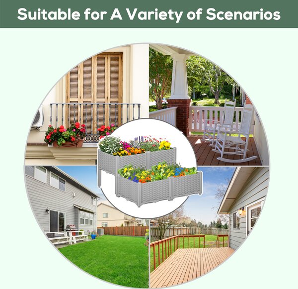 Outsunny Set of 4 Garden Raised Bed Elevated Patio Flower Plant Planter Box PP Vegetables Planting Container, Grey Aosom UK