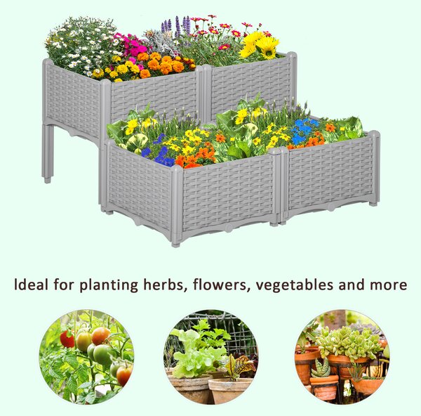 Outsunny Set of 4 Garden Raised Bed Elevated Patio Flower Plant Planter Box PP Vegetables Planting Container, Grey Aosom UK