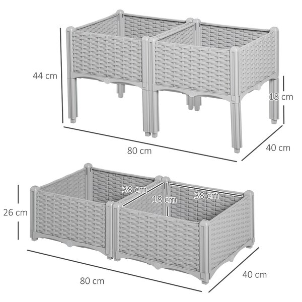 Outsunny Set of 4 Garden Raised Bed Elevated Patio Flower Plant Planter Box PP Vegetables Planting Container, Grey Aosom UK