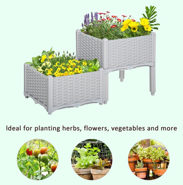 Outsunny 40cm x 40cm x 44cm Set of 2 Garden Raised Bed Elevated Patio Flower Plant Planter Box PP Vegetables Planting Container, Grey Aosom UK