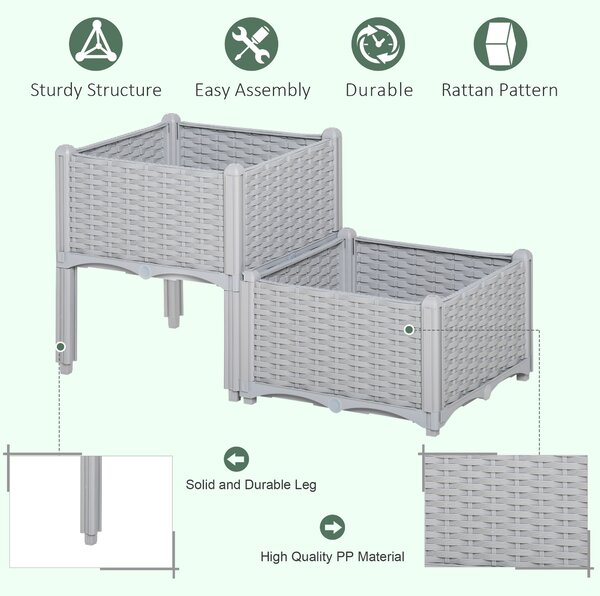 Outsunny 40cm x 40cm x 44cm Set of 2 Garden Raised Bed Elevated Patio Flower Plant Planter Box PP Vegetables Planting Container, Grey Aosom UK
