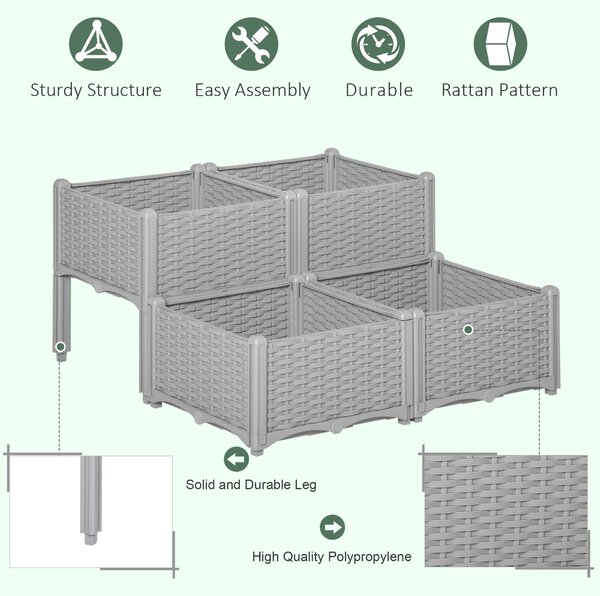 Outsunny Set of 4 Garden Raised Bed Elevated Patio Flower Plant Planter Box PP Vegetables Planting Container, Grey Aosom UK