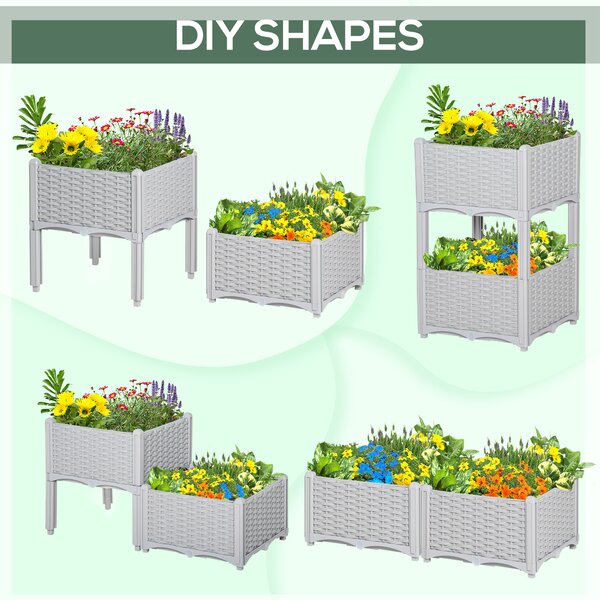 Outsunny 40cm x 40cm x 44cm Set of 2 Garden Raised Bed Elevated Patio Flower Plant Planter Box PP Vegetables Planting Container, Grey Aosom UK