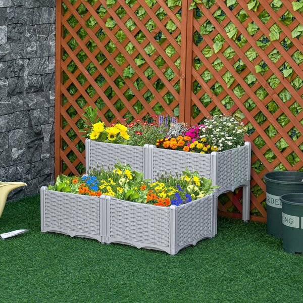 Outsunny Set of 4 Garden Raised Bed Elevated Patio Flower Plant Planter Box PP Vegetables Planting Container, Grey Aosom UK
