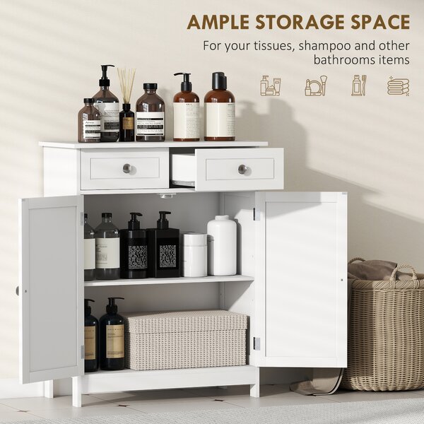 Kleankin Bathroom Storage Cabinet Free-Standing Bathroom Cabinet Unit w/ 2 Drawers Cupboard Adjustable Shelf Handles Traditional Style 75x60cm White