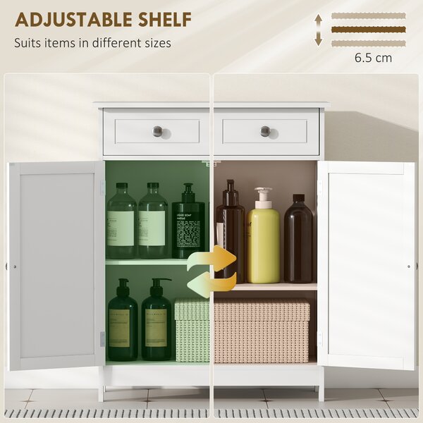 Kleankin Bathroom Storage Cabinet Free-Standing Bathroom Cabinet Unit w/ 2 Drawers Cupboard Adjustable Shelf Handles Traditional Style 75x60cm White