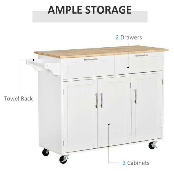 HOMCOM Kitchen Island Utility Cart, with 2 Storage Drawers & Cabinets for Dining Room, White