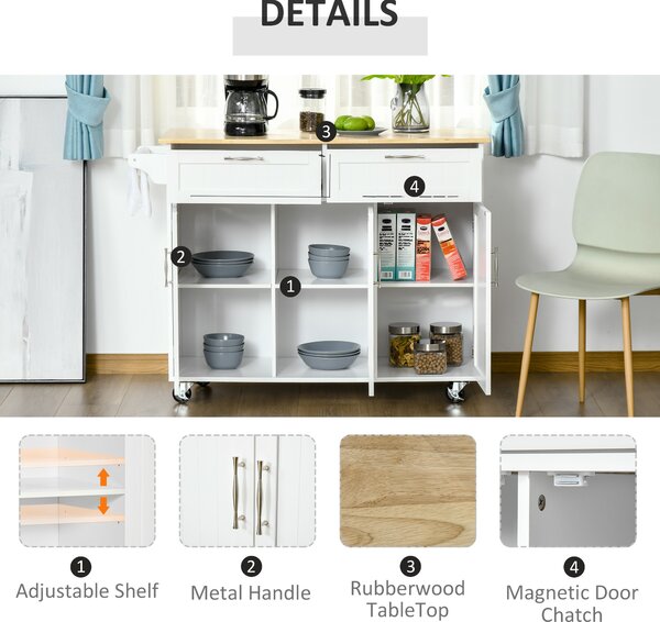 HOMCOM Kitchen Island Utility Cart, with 2 Storage Drawers & Cabinets for Dining Room, White