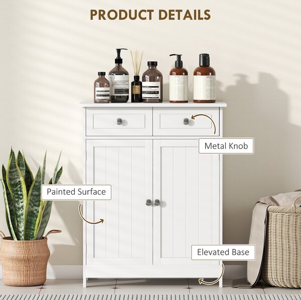 Kleankin Bathroom Storage Cabinet Free-Standing Bathroom Cabinet Unit w/ 2 Drawers Cupboard Adjustable Shelf Handles Traditional Style 75x60cm White