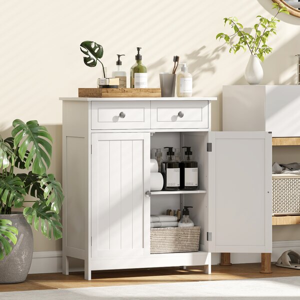 Kleankin Bathroom Storage Cabinet Free-Standing Bathroom Cabinet Unit w/ 2 Drawers Cupboard Adjustable Shelf Handles Traditional Style 75x60cm White