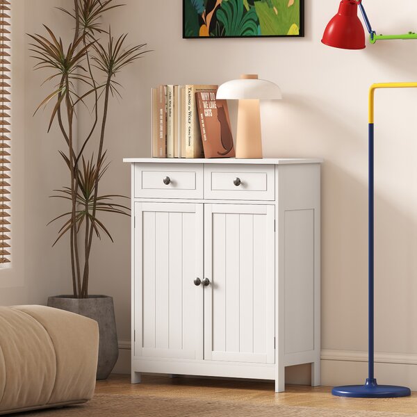 Kleankin Bathroom Storage Cabinet Free-Standing Bathroom Cabinet Unit w/ 2 Drawers Cupboard Adjustable Shelf Handles Traditional Style 75x60cm White