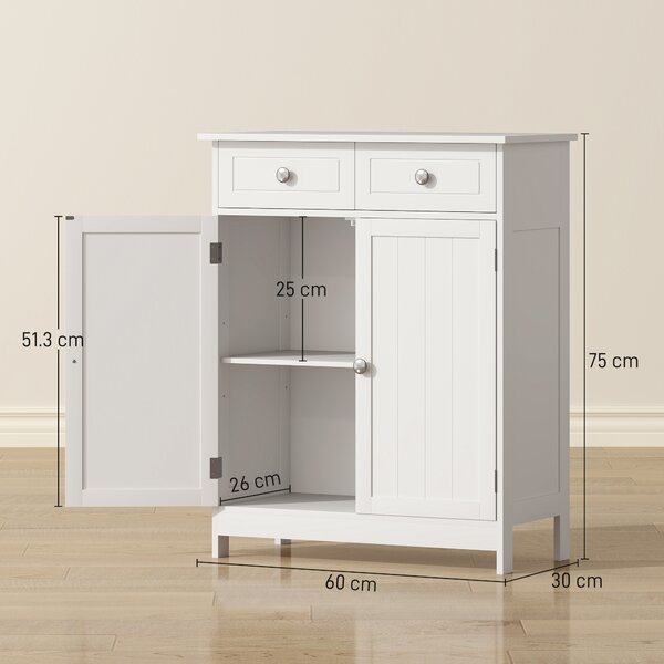 Kleankin Bathroom Storage Cabinet Free-Standing Bathroom Cabinet Unit w/ 2 Drawers Cupboard Adjustable Shelf Handles Traditional Style 75x60cm White