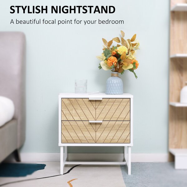 HOMCOM Modern Bedside Tables: Set of 2 with Drawers & Metal Frame, Sofa Side Tables, White and Oak Aosom UK