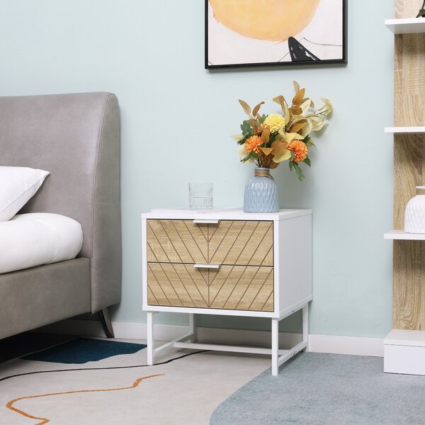 HOMCOM Contemporary Bedside Cabinet: White & Oak Nightstand with 2 Drawers, Metal Frame, Sofa Side Table Aosom UK