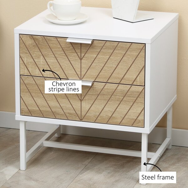 HOMCOM Modern Bedside Tables: Set of 2 with Drawers & Metal Frame, Sofa Side Tables, White and Oak Aosom UK