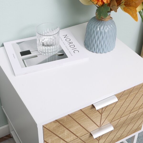 HOMCOM Modern Bedside Tables: Set of 2 with Drawers & Metal Frame, Sofa Side Tables, White and Oak Aosom UK