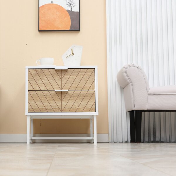 HOMCOM Contemporary Bedside Cabinet: White & Oak Nightstand with 2 Drawers, Metal Frame, Sofa Side Table Aosom UK