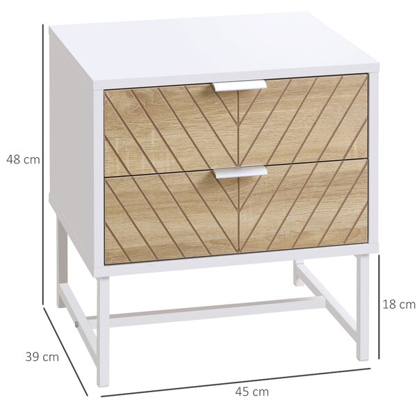HOMCOM Modern Bedside Tables: Set of 2 with Drawers & Metal Frame, Sofa Side Tables, White and Oak Aosom UK