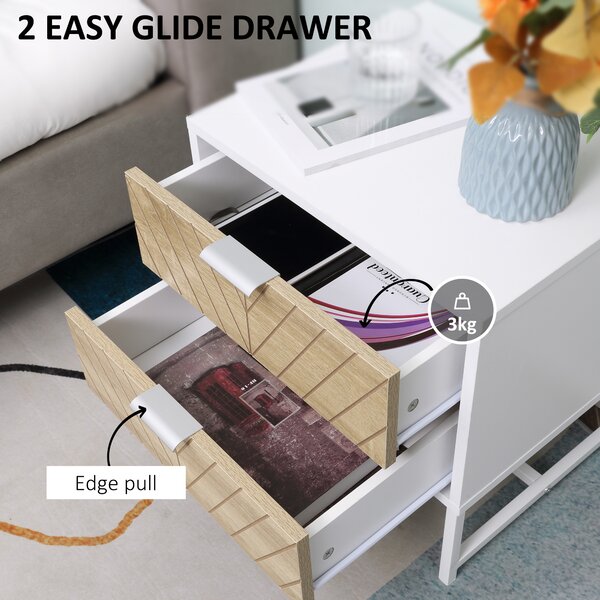 HOMCOM Modern Bedside Tables: Set of 2 with Drawers & Metal Frame, Sofa Side Tables, White and Oak Aosom UK
